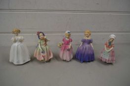 GROUP OF FIVE SMALL ROYAL DOULTON FIGURINES TO INCLUDE 'TOOTLE', 'MARIE', 'CATHERINE' AND OTHERS