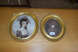 TWO COLOURED PRINTS OF 19TH CENTURY LADIES SET IN OVAL GILT FRAMES