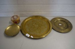 MIXED LOT SMALL ISLAMIC BRASS TRAYS, SMALL COMPOSITION JEWELLERY CASKET ETC
