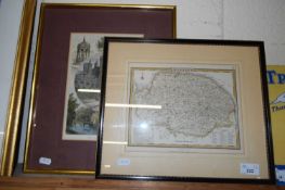 COLOURED MAP OF NORFOLK TOGETHER WITH A FRAMED BOOK PLATE 'VIEWS IN AND ABOUT CAMBRIDGE', BOTH F/