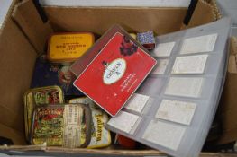 BOX OF VARIOUS CIGARETTE CARDS, CIGARETTE TINS AND OTHER ITEMS