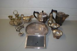 VARIOUS SILVER PLATED TEA WARES, EGG CRUET AND OTHER ITEMS