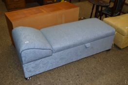 BLUE UPHOLSTERED SMALL CHAISE LONGUE/OTTOMAN, 145CM LONG