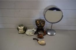 MIXED LOT VARIOUS TOBACCO PIPES, SHAVING MIRROR, MODEL FROGS ETC