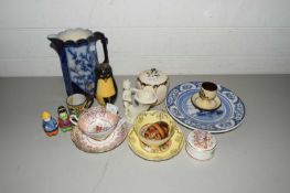 VARIOUS CERAMICS TO INCLUDE DECORATED JUG, TEA CUPS, SAUCERS, RUSSIAN STYLE PENGUIN BOXES ETC