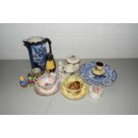 VARIOUS CERAMICS TO INCLUDE DECORATED JUG, TEA CUPS, SAUCERS, RUSSIAN STYLE PENGUIN BOXES ETC