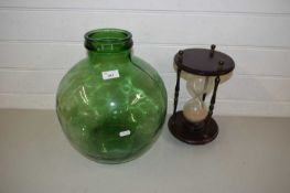 GREEN GLASS TERRARIUM TOGETHER WITH A WOOD MOUNTED HOURGLASS