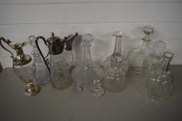 MIXED LOT VARIOUS CLEAR GLASS DECANTERS, NOVELTY SILVER PLATE MOUNTED DECANTER STYLISTICALLY