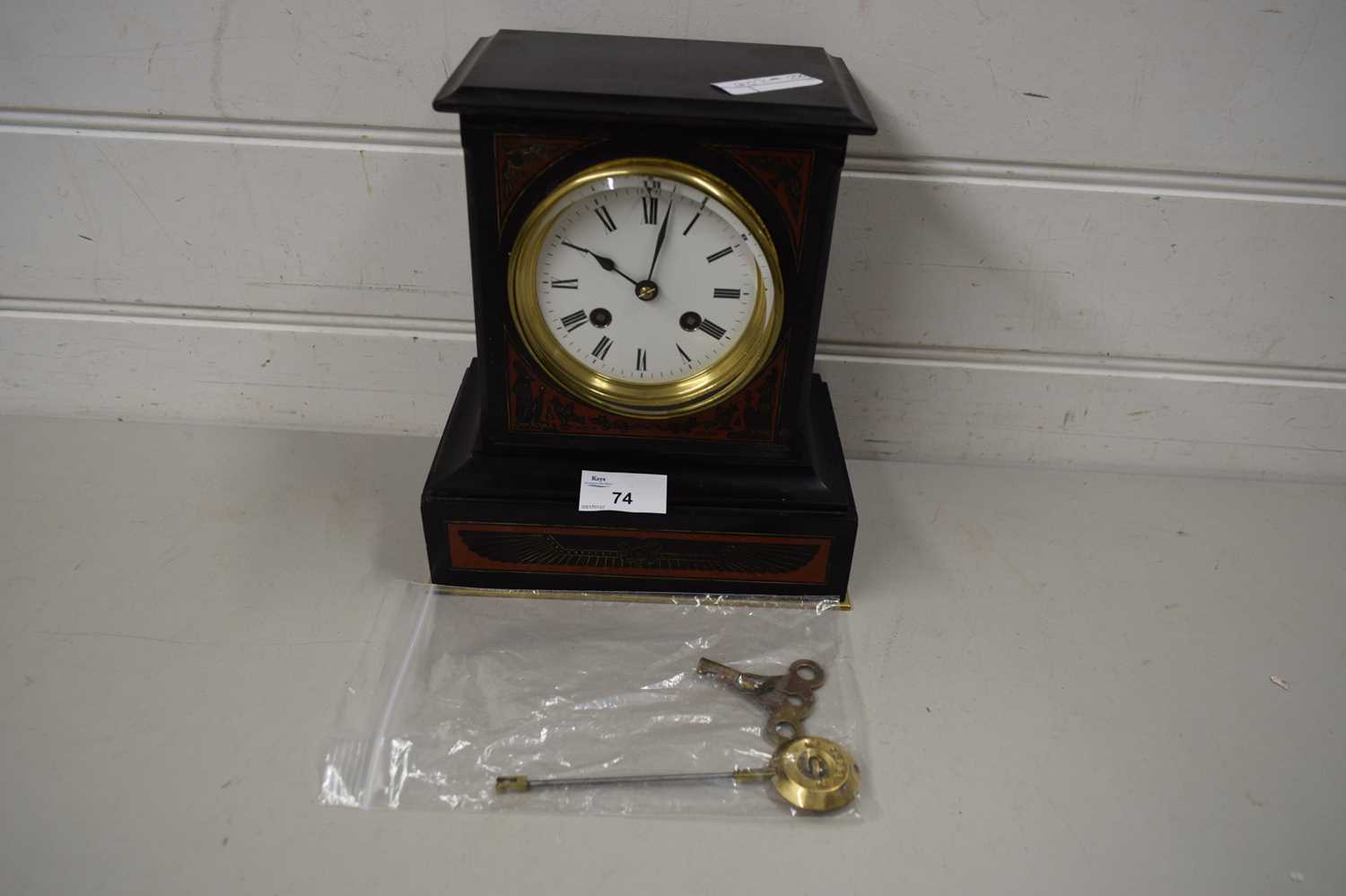 VICTORIAN BLACK SLATE AND MARBLE MANTEL CLOCK DECORATED WITH EGYPTIAN SYMBOLS