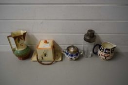 MIXED LOT: ART DECO STYLE BISCUIT BARREL, DECORATED JUG, COCKTAIL SHAKER ETC (5)