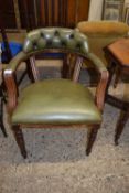 GREEN LEATHER UPHOLSTERED BOW BACK CHAIR ON TURNED LEGS