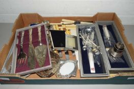 BOX OF ASSORTED SILVER PLATED CUTLERY, SMALL PHOTOGRAPH FRAMES ETC