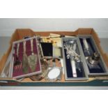 BOX OF ASSORTED SILVER PLATED CUTLERY, SMALL PHOTOGRAPH FRAMES ETC