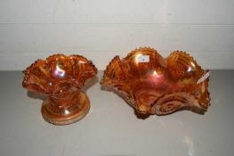 TWO TANGERINE FRILLED CARNIVAL GLASS BOWLS