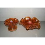 TWO TANGERINE FRILLED CARNIVAL GLASS BOWLS