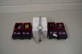 FOUR BOXED ROSA RINGS, AND A SAGEN LADIES WRIST WATCH