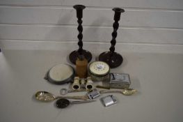 MIXED LOT OF WOODEN BARLEY TWIST CANDLESTICKS, VARIOUS DRESSING TABLE BOXES, MOTHER OF PEARL OPERA