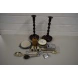 MIXED LOT OF WOODEN BARLEY TWIST CANDLESTICKS, VARIOUS DRESSING TABLE BOXES, MOTHER OF PEARL OPERA