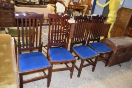 SET OF FOUR 20TH CENTURY SLAT BACK DINING CHAIRS WITH BLUE UPHOLSTERED SEATS