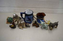 MIXED LOT: GT YARMOUTH POTTERY TANKARD, VARIOUS DOG ORNAMENTS AND OTHER ITEMS