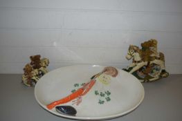 LARGE SEAFOOD PLATTER TOGETHER WITH THREE RESIN ROCKING HORSES