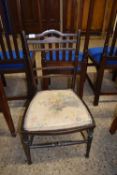EDWARDIAN MAHOGANY FRAMED BEDROOM CHAIR WITH FLORAL UPHOLSTERED SEATS