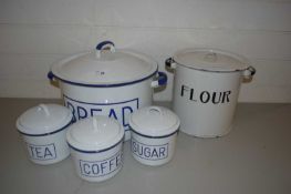 FIVE VARIOUS ENAMEL KITCHEN STORAGE CONTAINERS TO INCLUDE A BREAD BIN AND FLOUR BIN