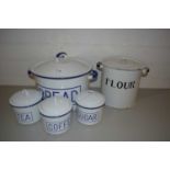 FIVE VARIOUS ENAMEL KITCHEN STORAGE CONTAINERS TO INCLUDE A BREAD BIN AND FLOUR BIN