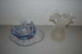 BLUE ART GLASS BOWL PLUS FURTHER VASE AND DRESSING TABLE TRAY