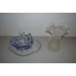 BLUE ART GLASS BOWL PLUS FURTHER VASE AND DRESSING TABLE TRAY