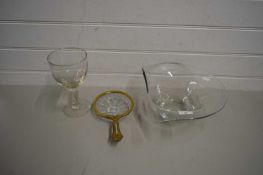 MIXED LOT COMPRISING OVERSIZED CLEAR GLASS RUMMER, CLEAR ART GLASS BOWL AND A FURTHER METAL