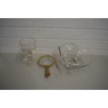 MIXED LOT COMPRISING OVERSIZED CLEAR GLASS RUMMER, CLEAR ART GLASS BOWL AND A FURTHER METAL