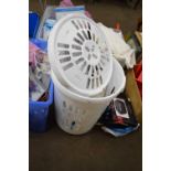 PLASTIC LAUNDRY BIN AND A SHOWER HEAD SET