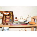 MIXED LOT MODERN RELIGIOUS ICON PICTURE, MODEL LOCOMOTIVE, MODEL BOAT, WOODEN BIRD ETC