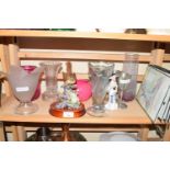 MIXED LOT VARIOUS GLASS VASES, ORNAMENTS, COMICAL PICTURES OF MICE ETC