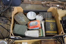BOX OF VARIOUS VINTAGE TINS AND OTHER ITEMS