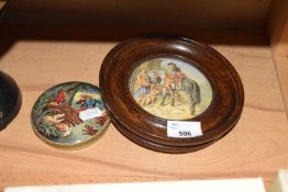 TWO PRATTWARE POT LIDS, ONE WITH WOODEN SURROUND