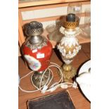 TWO POTTERY AND METAL BASED TABLE LAMPS