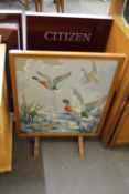FIRESCREEN WITH TAPESTRY PANEL INSET WITH DUCKS