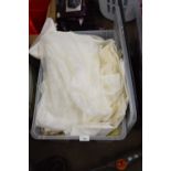 BOX OF VARIOUS FABRIC, NET CURTAINS ETC