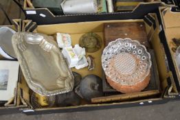 BOX OF VARIOUS MIXED ITEMS, PRESSED GLASS DISH, SILVER PLATED BOWL AND OTHER ITEMS