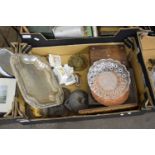 BOX OF VARIOUS MIXED ITEMS, PRESSED GLASS DISH, SILVER PLATED BOWL AND OTHER ITEMS