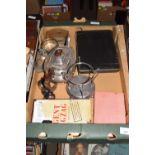 BOX OF MIXED ITEMS TO INCLUDE SILVER PLATED TEA POT ETC