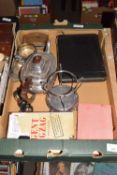 BOX OF MIXED ITEMS TO INCLUDE SILVER PLATED TEA POT ETC