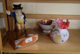 SMALL SILVER PLATE ON COPPER TRINKET BOX, STAFFORESHIRE NOVELTY JUG, MILK GLASS VASE AND A FURTHER