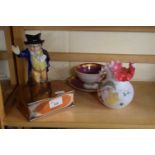 SMALL SILVER PLATE ON COPPER TRINKET BOX, STAFFORESHIRE NOVELTY JUG, MILK GLASS VASE AND A FURTHER