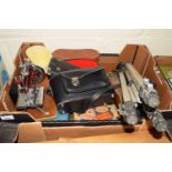 BOX OF MIXED ITEMS TO INCLUDE A CHILDS SEWING MACHINE, CAMERA TRIPOD ETC