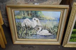 R DOBSON, STUDY OF TWO SWANS, OIL ON CANVAS, FRAMED