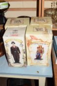THREE LEGENDS AND DREAMS FIGURES WITH BOXES TOGETHER WITH A FURTHER CHARLIE CHAPLIN FIGURE