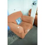 TERRACOTTA COLOURED THREE SEATER SOFA TOGETHER WITH PAIR OF ARMCHAIRS